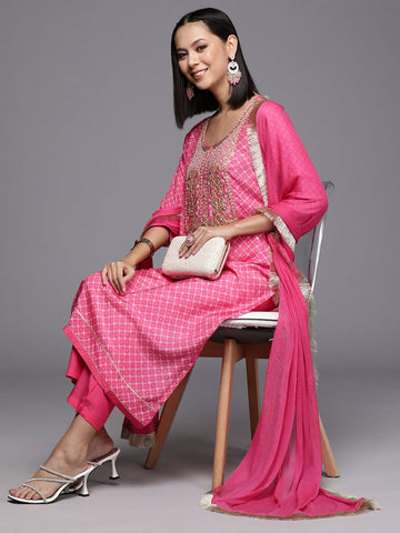 Varanga Women Women Pink Bandhani Printed Straight Kurta With Bottom And Dupatta